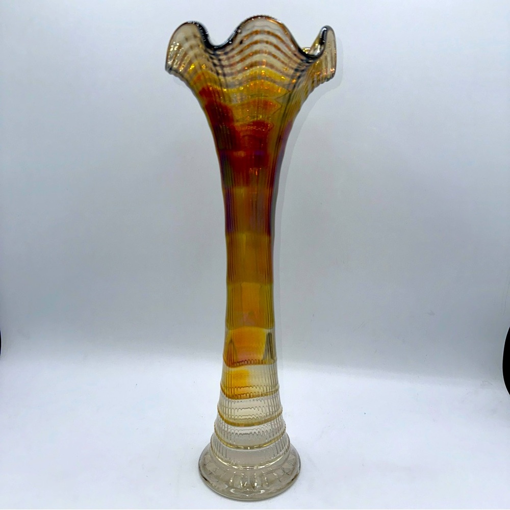 Imperial Carnival Swung Marigold Iridescent Tall 13”Ripple Pattern Vase Vintage